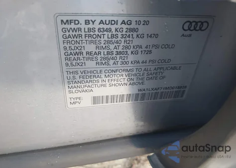 2021 Audi Q7 Premium Plus 55 Tfsi Quattro Tiptronic z USA, uszkodzony, nr VIN WA1LXAF71MD015926